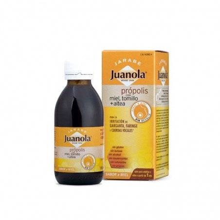 Comprar JUANOLA JARABE PRÓPOLIS CON MIEL TOMILLO Y ALTEA 125 ML al mejor precio en Farmacia4Estaciones, tu farmacia online Comprar JUANOLA JARABE PRÓPOLIS CON MIEL TOMILLO Y ALTEA 125 ML