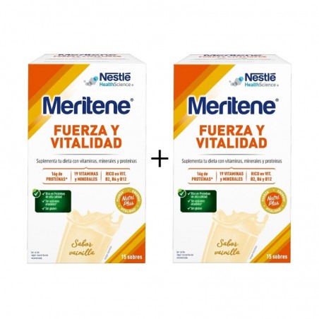 Comprar MERITENE FUERZA Y VITALIDAD VAINILLA 2 x 15 SOBRES al mejor precio en Farmacia4Estaciones, tu farmacia online Comprar MERITENE FUERZA Y VITALIDAD VAINILLA 2 x 15 SOBRES