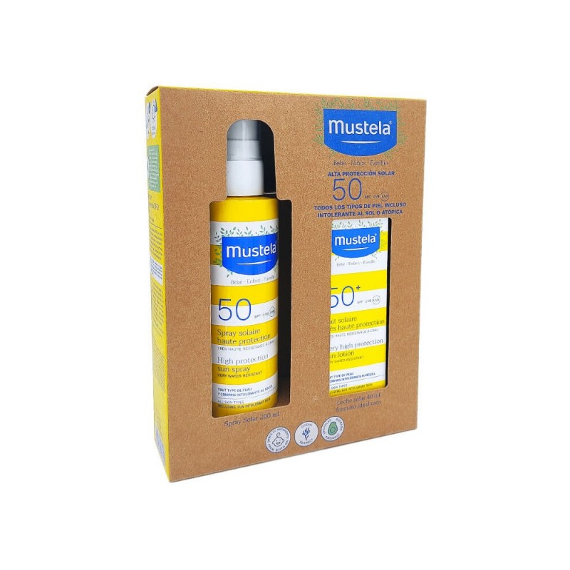 Comprar mustela pack spray solar 50 spf 200 ml + leche solar 50 spf 40 ml a  precio online