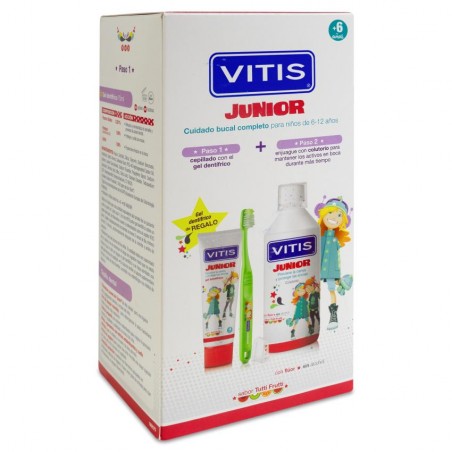 Comprar pack vitis junior gel+cepillo+colutorio a partir de 6años al mejor precio en Farmacia4Estaciones, tu farmacia online Comprar pack vitis junior gel+cepillo+colutorio a partir de 6años